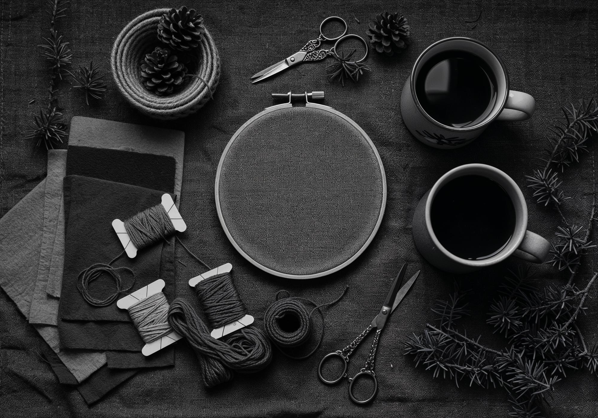 Selection of embroidered samples arranged on dark table